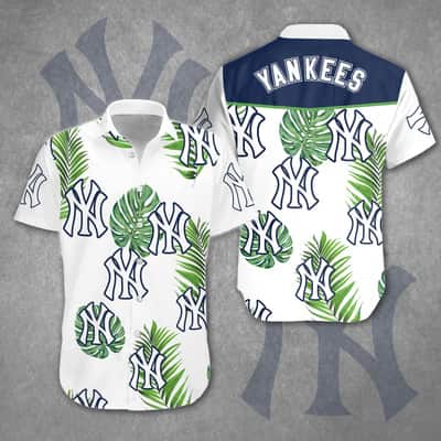 New York Yankees Hawaiian Shirt Palm Trees Pattern On White Theme