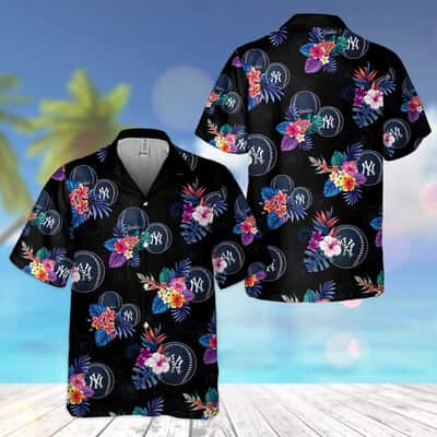New York Yankees Hawaiian Shirt Tropical Flower Pattern On Dark Theme