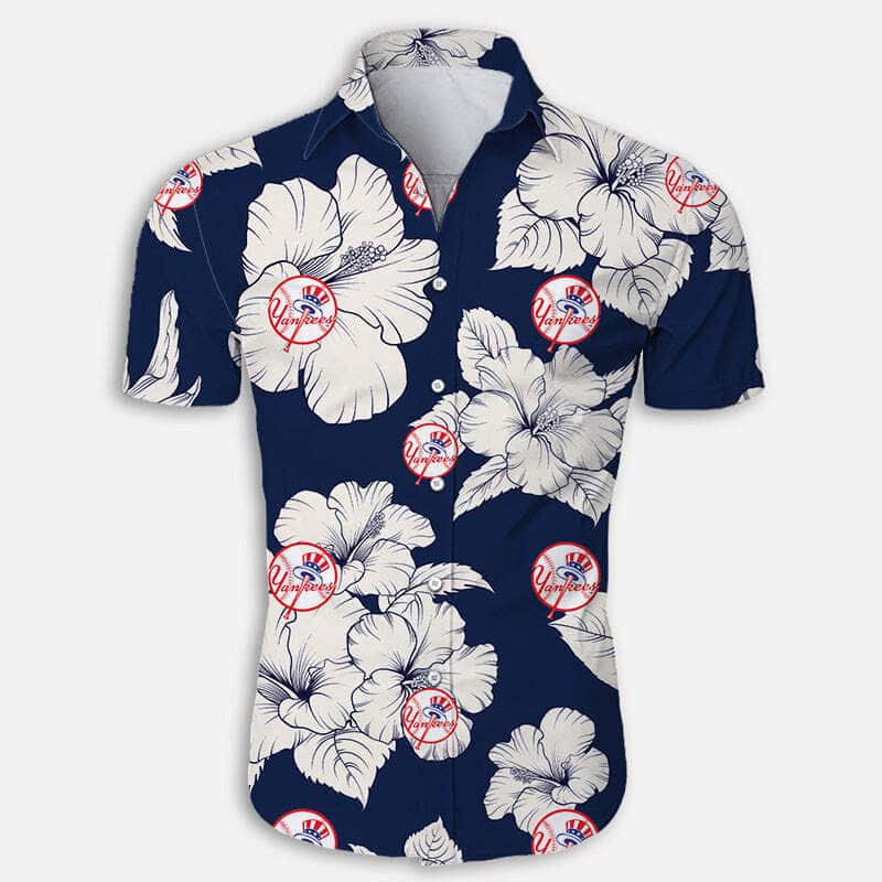 New York Yankees Hawaiian Shirt White Hibiscus Flower Pattern