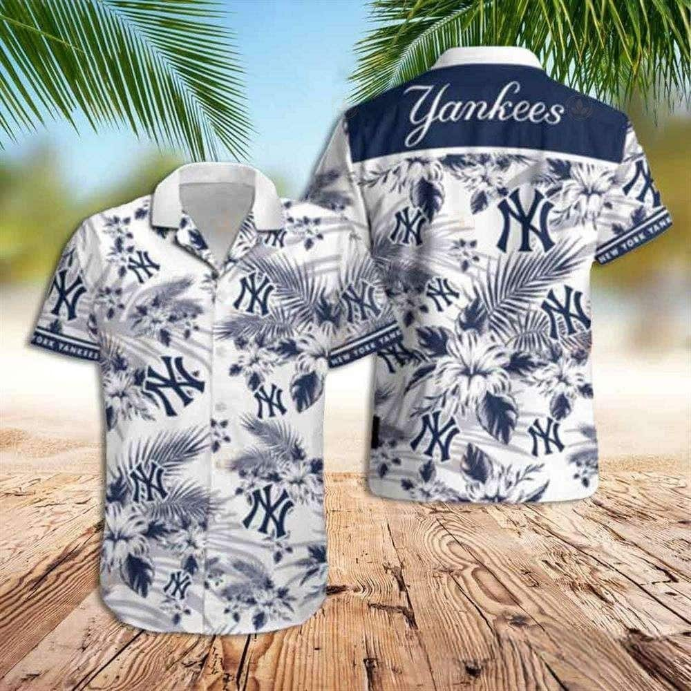 New York Yankees Men Polo Shirt White Hibiscus Flower Tee Shirt