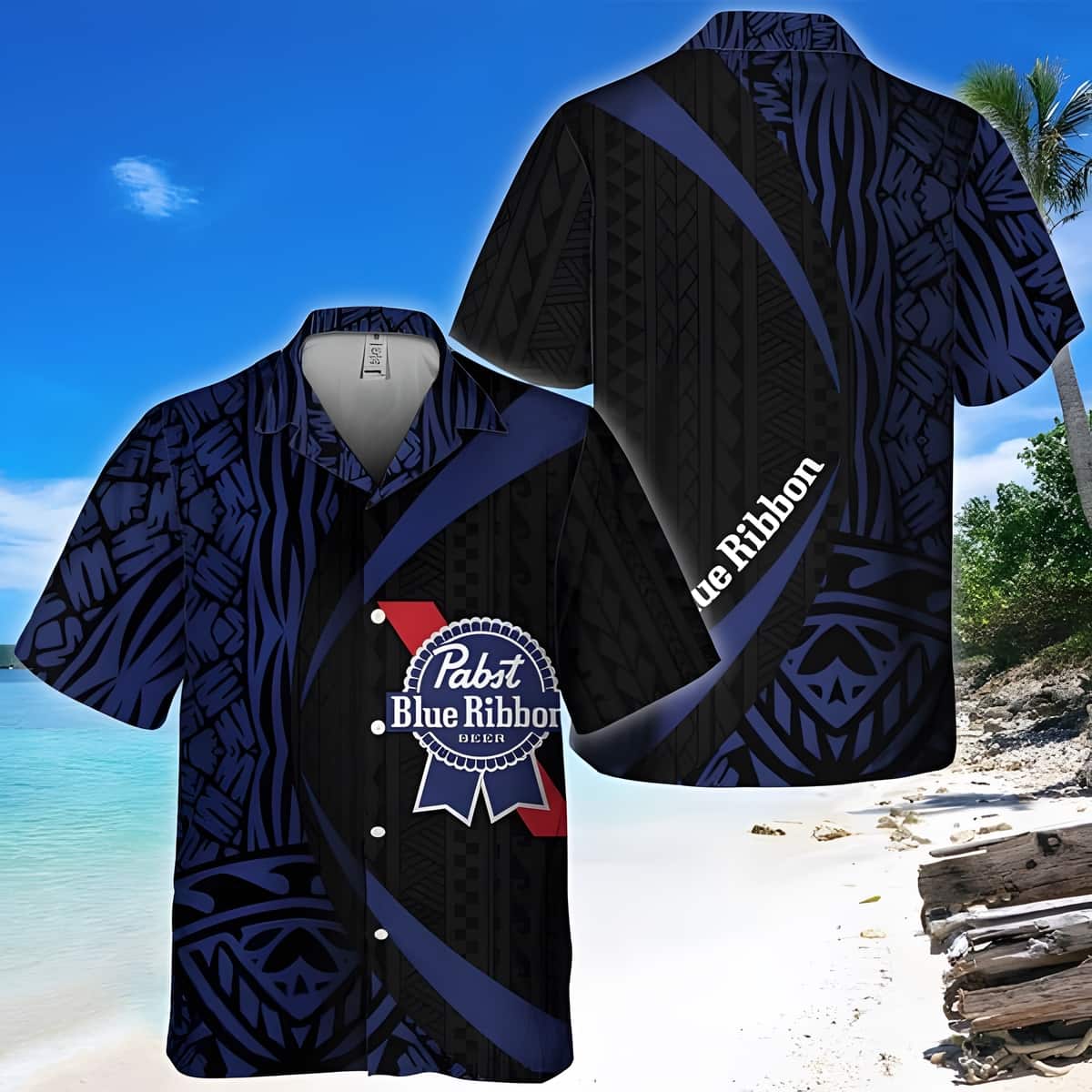 Pabst Blue Ribbon Beer Hawaiian Shirt Samoan Pattern Best Beach Gift