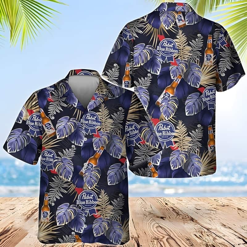 Pabst Blue Ribbon Hawaiian Shirt Tropical Palm Leaves Gift For Beach Trip