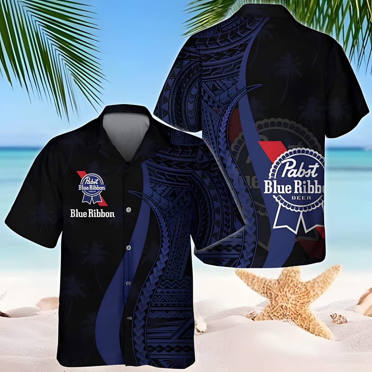 Pabst Blue Ribbon Hawaiian Shirt Blue Polynesian Pattern Beach Vacation Gift