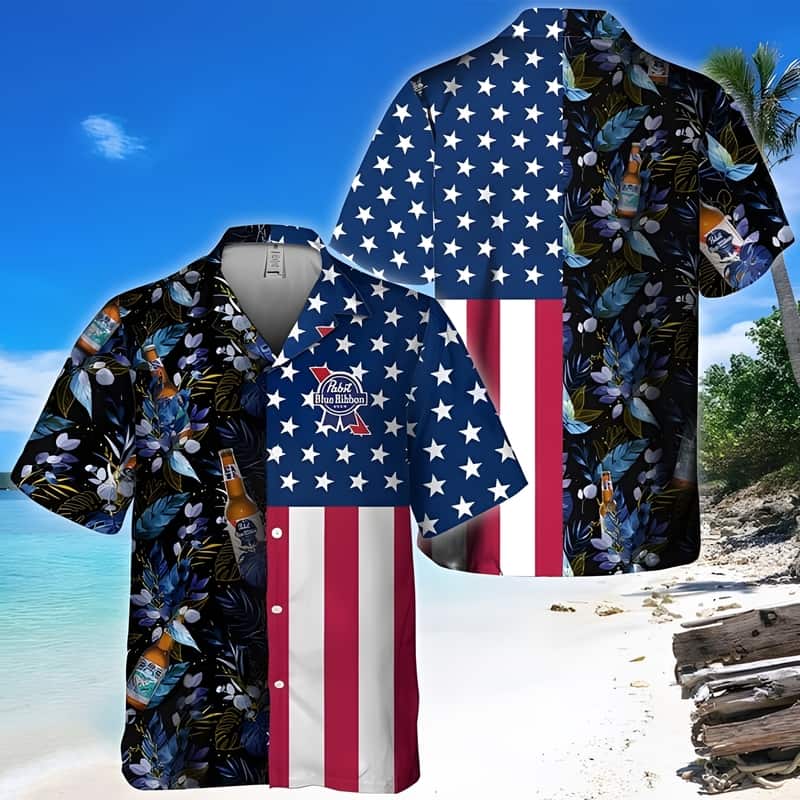 Pabst Blue Ribbon Beer Hawaiian Shirt US Flag Tropical Flowers