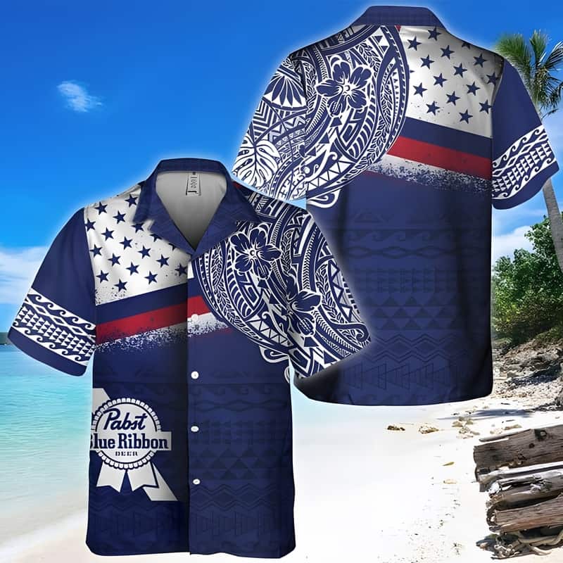 Pabst Blue Ribbon Hawaiian Shirt Polynesian Pattern Beer Lovers Gift