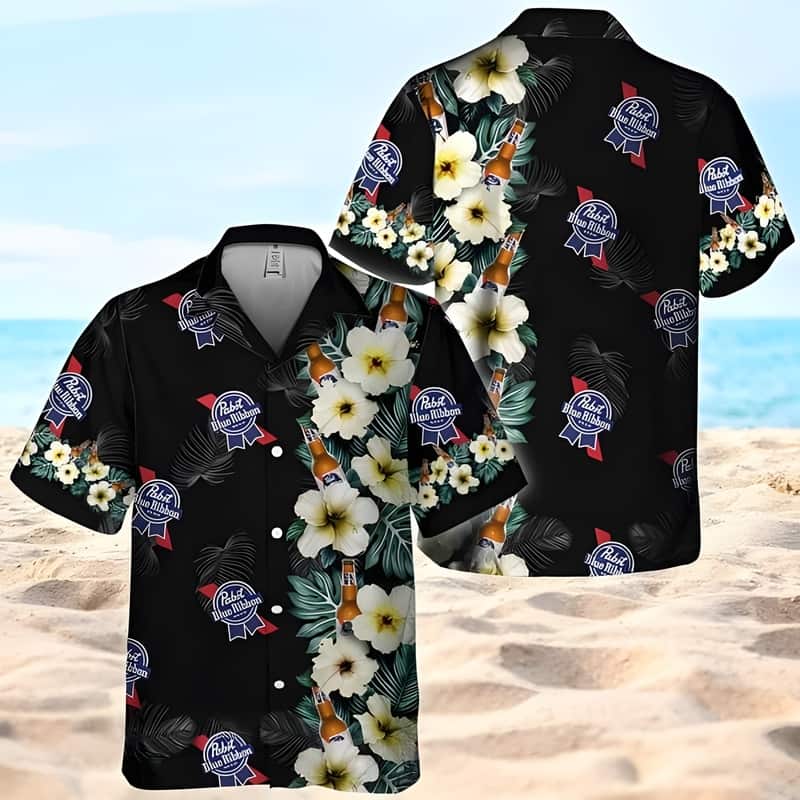 Black Pabst Blue Ribbon Beer Hawaiian Shirt Hibiscus Flower Pattern