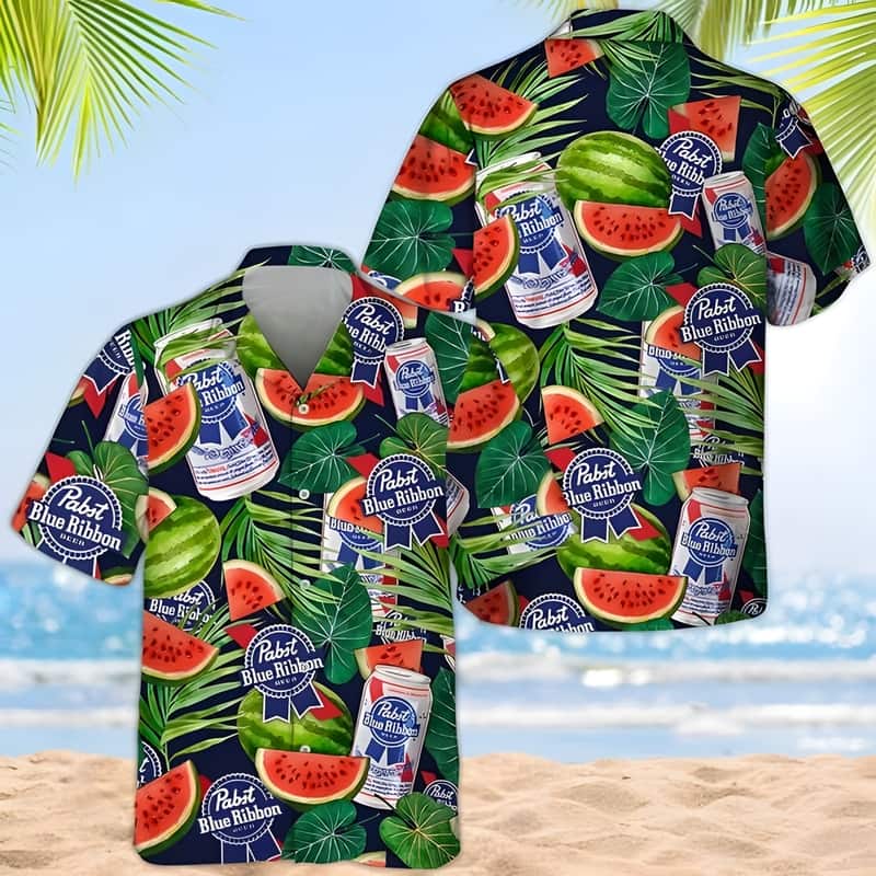 Pabst Blue Ribbon Hawaiian Shirt Watermelon Pattern Summer Beach Gift