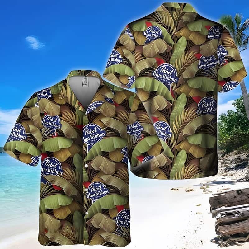 Pabst Blue Ribbon Hawaiian Shirt Banana Leaves Pattern Best Beach Gift