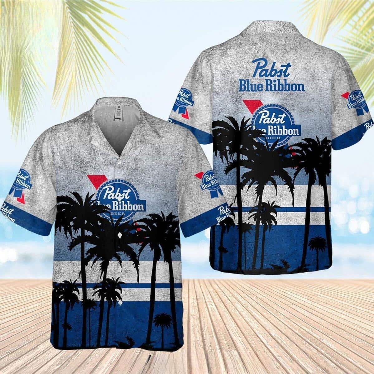 Vintage Pabst Blue Ribbon Beer Hawaiian Shirt Palm Tree Summer Beach Gift