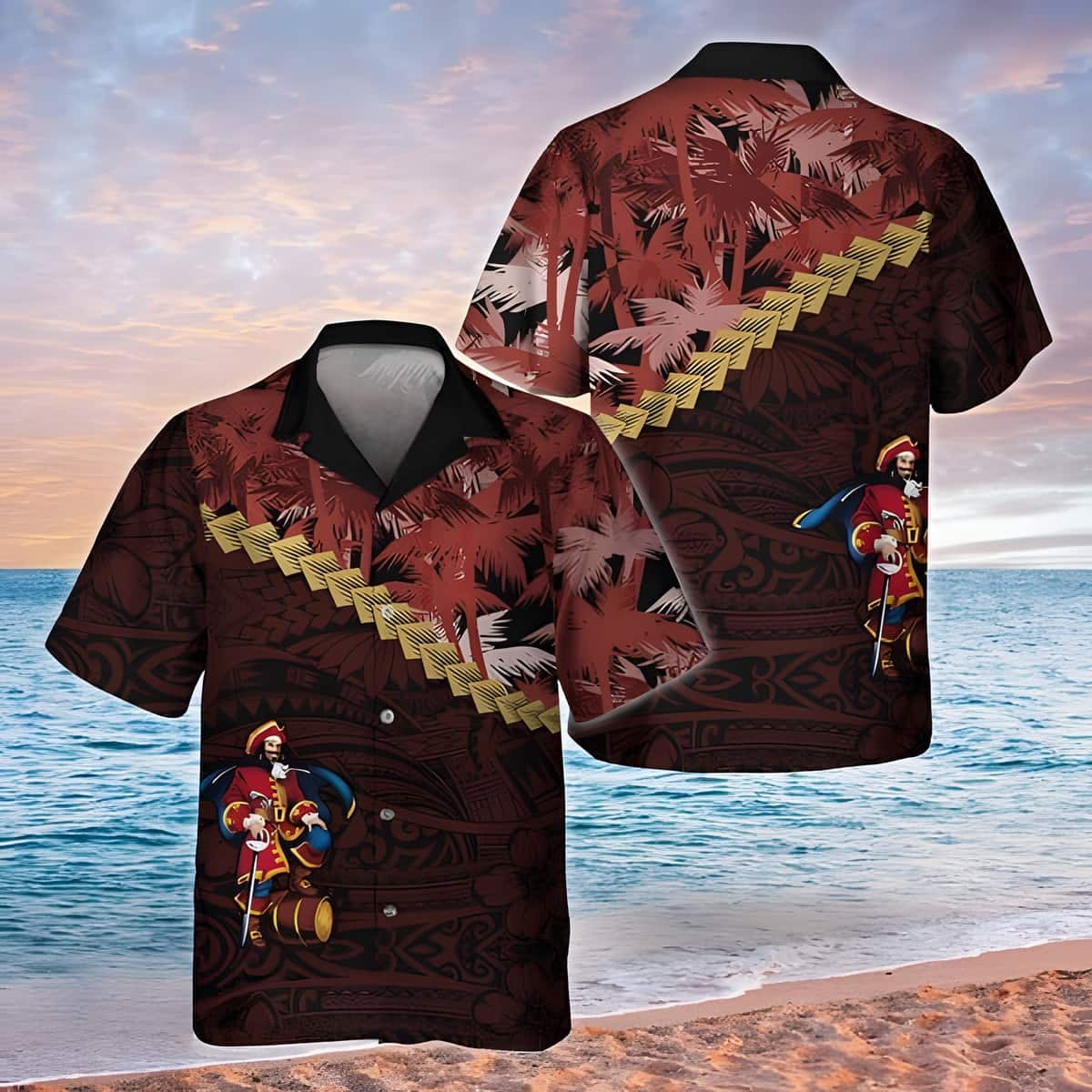 Captain Morgan Hawaiian Shirt Palm Tree Blend Polynesian Pattern