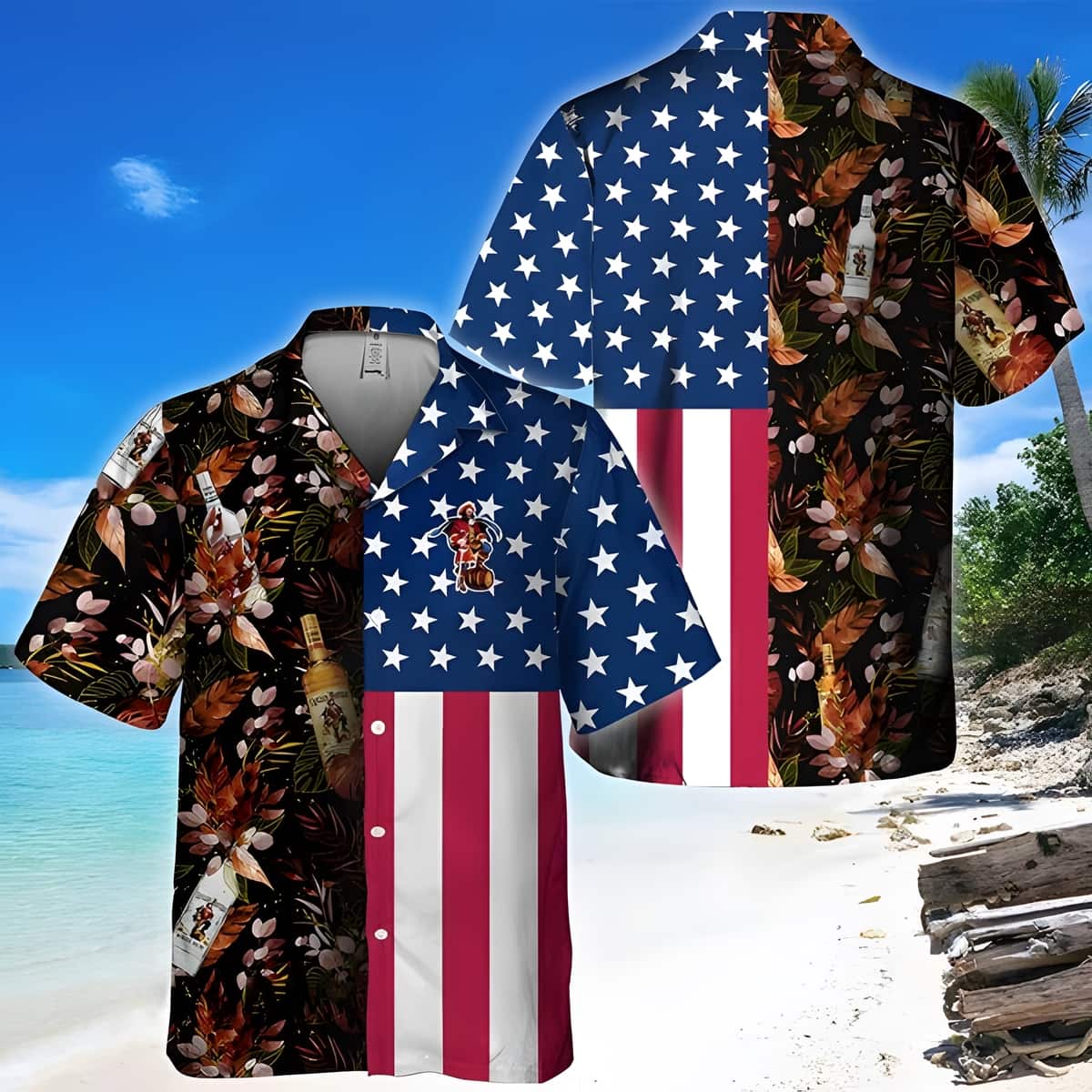 Captain Morgan Hawaiian Shirt US Flag Tropical Flowers All Over Print