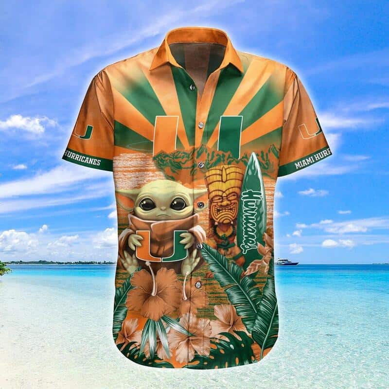 Baby Yoda Star Wars NCAA Miami Hurricanes Hawaiian Shirt Beach Gift For Dad