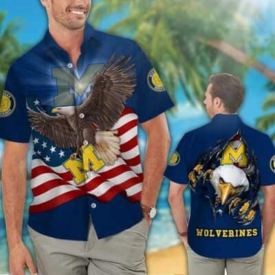 Michigan Wolverines Hawaiian Shirt US Flag Eagle Beach Vacation Gift