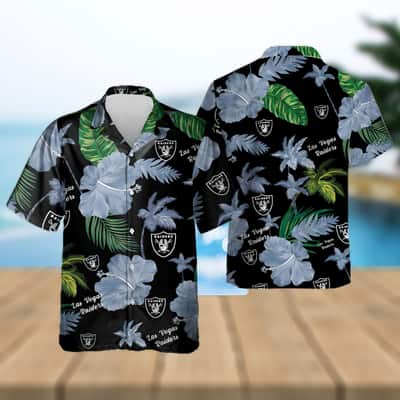 Las Vegas Raiders Hawaiian Shirt Hibiscus Flower Pattern On Dark Theme