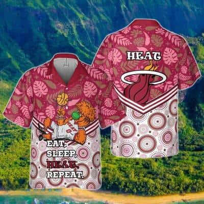Burnie Miami Heat Hawaiian Shirt Eat Sleep Heat Repeat Palm Leaves Pattern