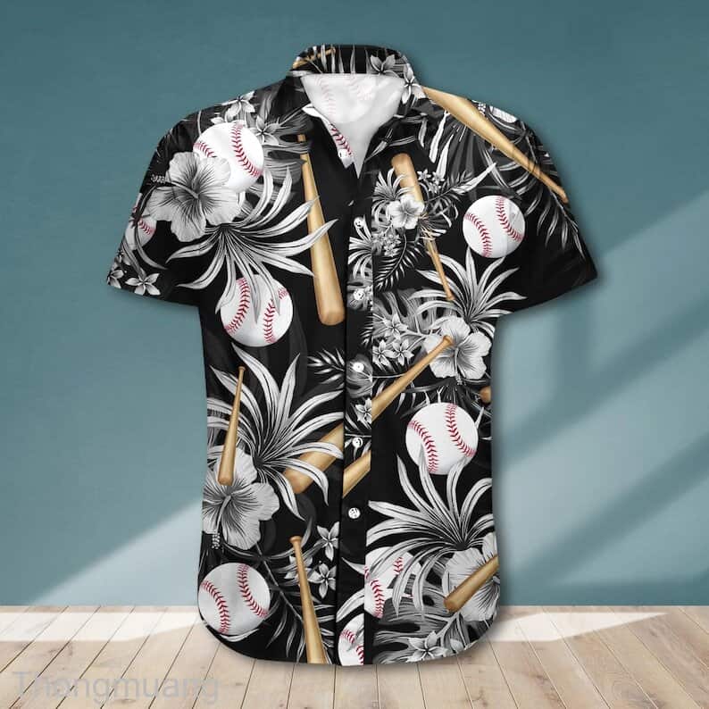 Aloha Baseball Hawaiian Shirt Tropical Pattern On Black Theme