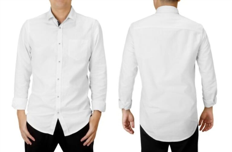 Man in white long-sleeved shirt, front and back with rounded bottoms looking isolated on white background