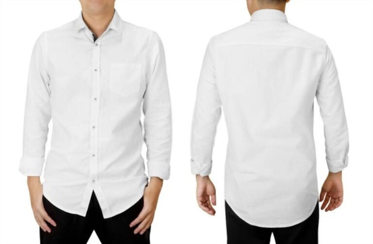 Man in white long-sleeved shirt, front and back with rounded bottoms looking isolated on white background Man in white long-sleeved shirt, front and back with rounded bottoms looking isolated on white background
