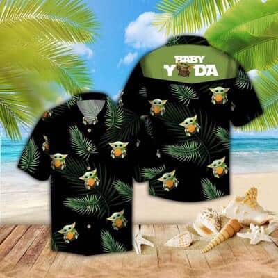 Baby Yoda Star Wars Hawaiian Shirts Palm Leaves Pattern On Dark Theme