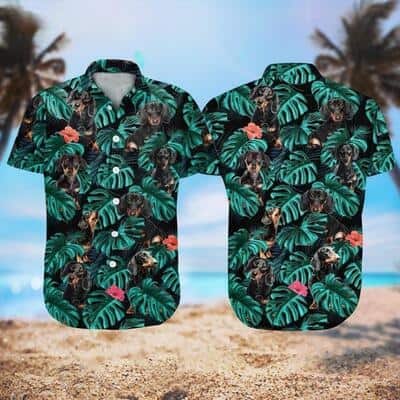 Summer Aloha Dachshund Hawaiian Shirt Palm Leaves Pattern On Dark Theme