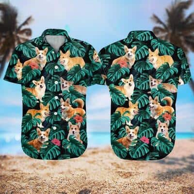 Black Aloha Corgi Hawaiian Shirt Palm Leaves Pattern