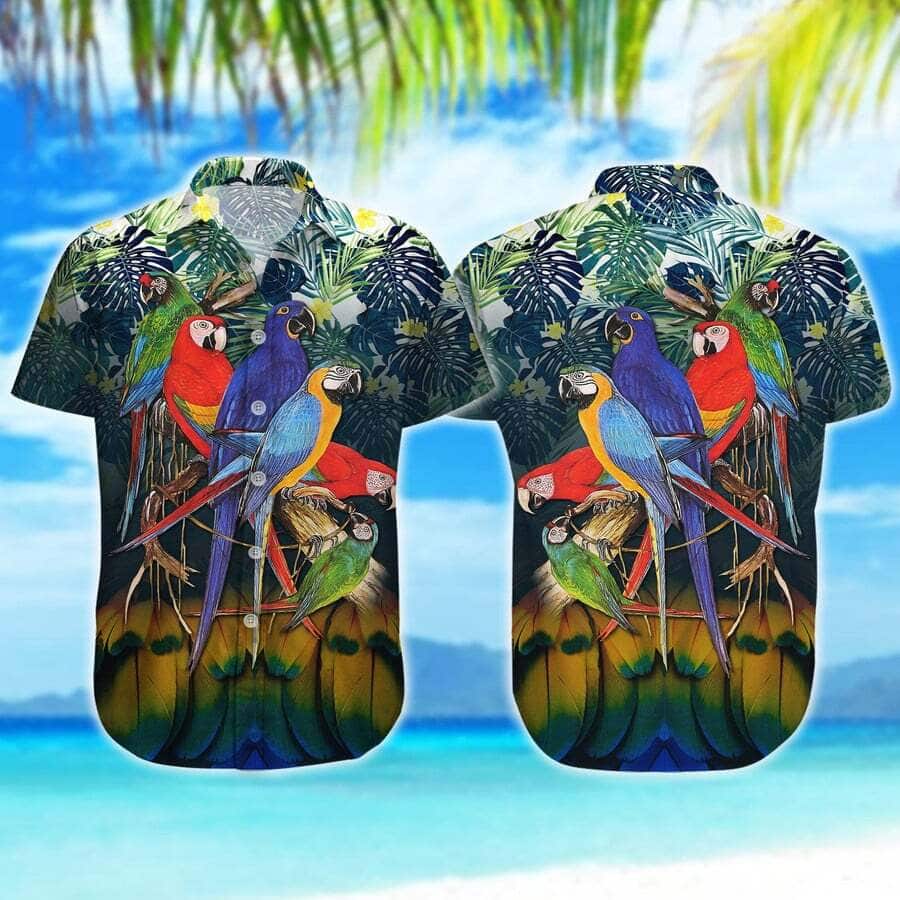 Summer Aloha Parrots Bird Tropical Palm Leaves Hawaiian Shirt