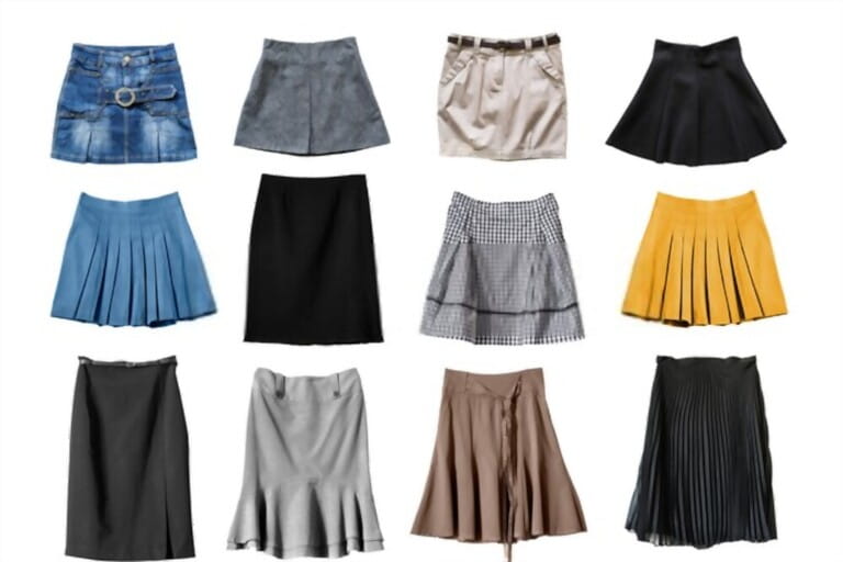 Collection of different mini skirts on white background