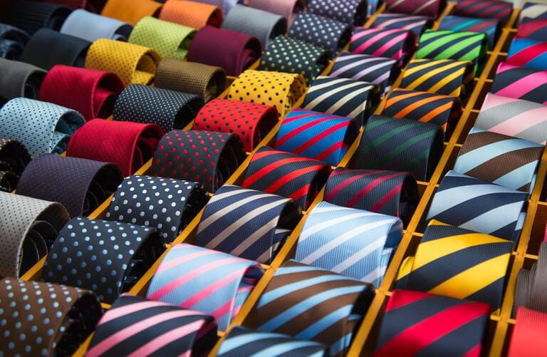 Colorful tie collection in men's store