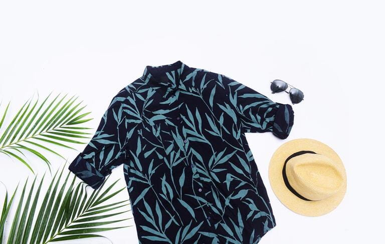Set of fashion summer clothing and accessories with green palm on white background ,flat lay Set of fashion summer clothing and accessories with green palm on white background ,flat lay