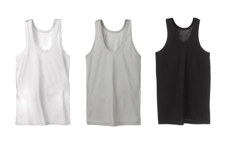 3 black and white gray sleeveless t-shirts isolated on white background