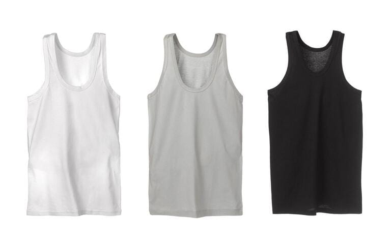 3 black and white gray sleeveless t-shirts isolated on white background 3 black and white gray sleeveless t-shirts isolated on white background