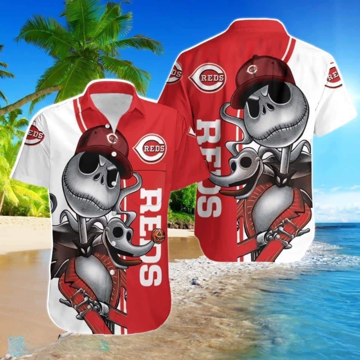MLB Cincinnati Reds Hawaiian Shirt Jack Skellington And Zero Funny Beach Trip Gift