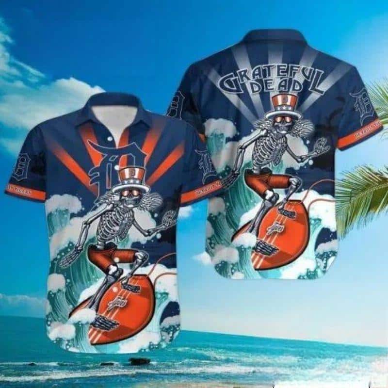 MLB Detroit Tigers Hawaiian Shirt Grateful Dead Funny Skeleton Surfing Beach Gift For Summer Holiday