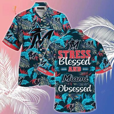MLB Miami Marlins Hawaiian Shirt Stress Blessed Obsessed Summer Aloha Gift