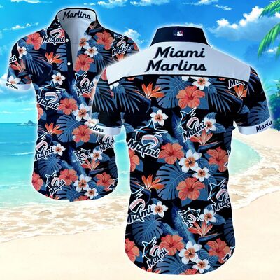 MLB Miami Marlins Hawaiian Shirt Tropical Flora Beach Trip Gift