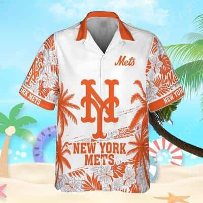 New York Mets Logo And Red Pink White Hibiscus 3D Hawaiian Shirt