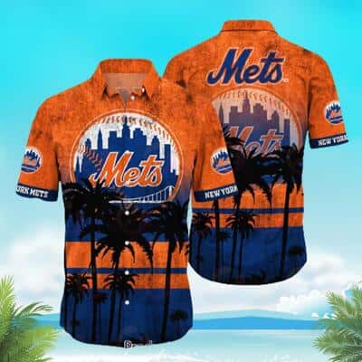 Vintage MLB New York Mets Hawaiian Shirt Breathtaking View Of Hawaiian Tropical Palm Trees At Sunset Trendy Summer Lovers Gift