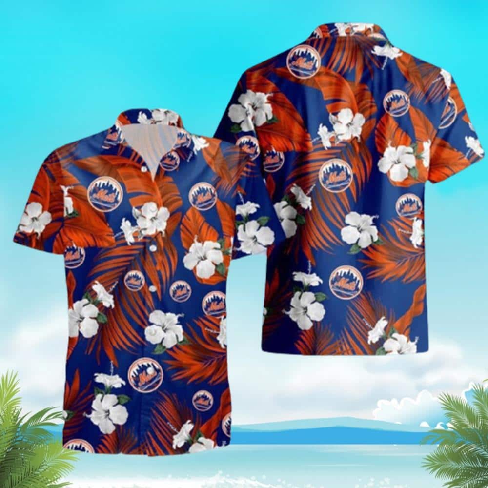 Classic MLB New York Mets Hawaiian Shirt White Hibiscus Flowers And Red Leaves Beach Lovers Gift