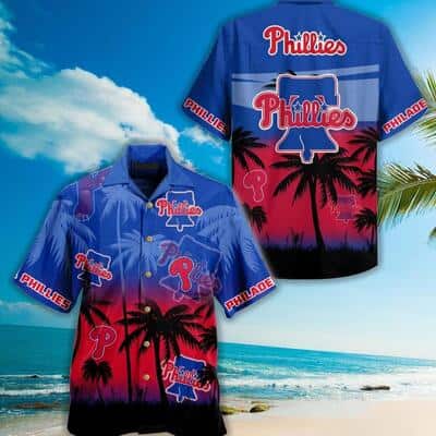 Vintage Aloha MLB Philadelphia Phillies Hawaiian Shirt Sunset View Of Palm Trees Baseball Fans Gift