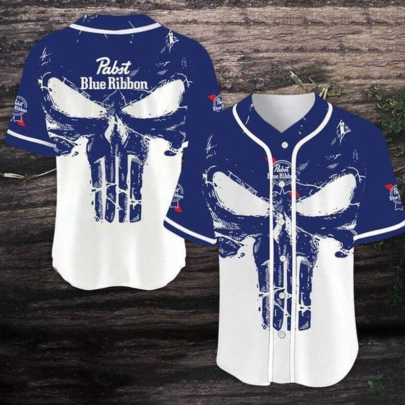 Pabst Blue Ribbon Baseball Jersey With Blue Retro Skull Gift For Beer Lovers