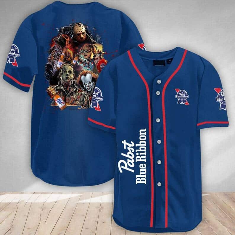 Pabst Blue Ribbon Baseball Jersey Horror Characters Gift For Beer Lovers