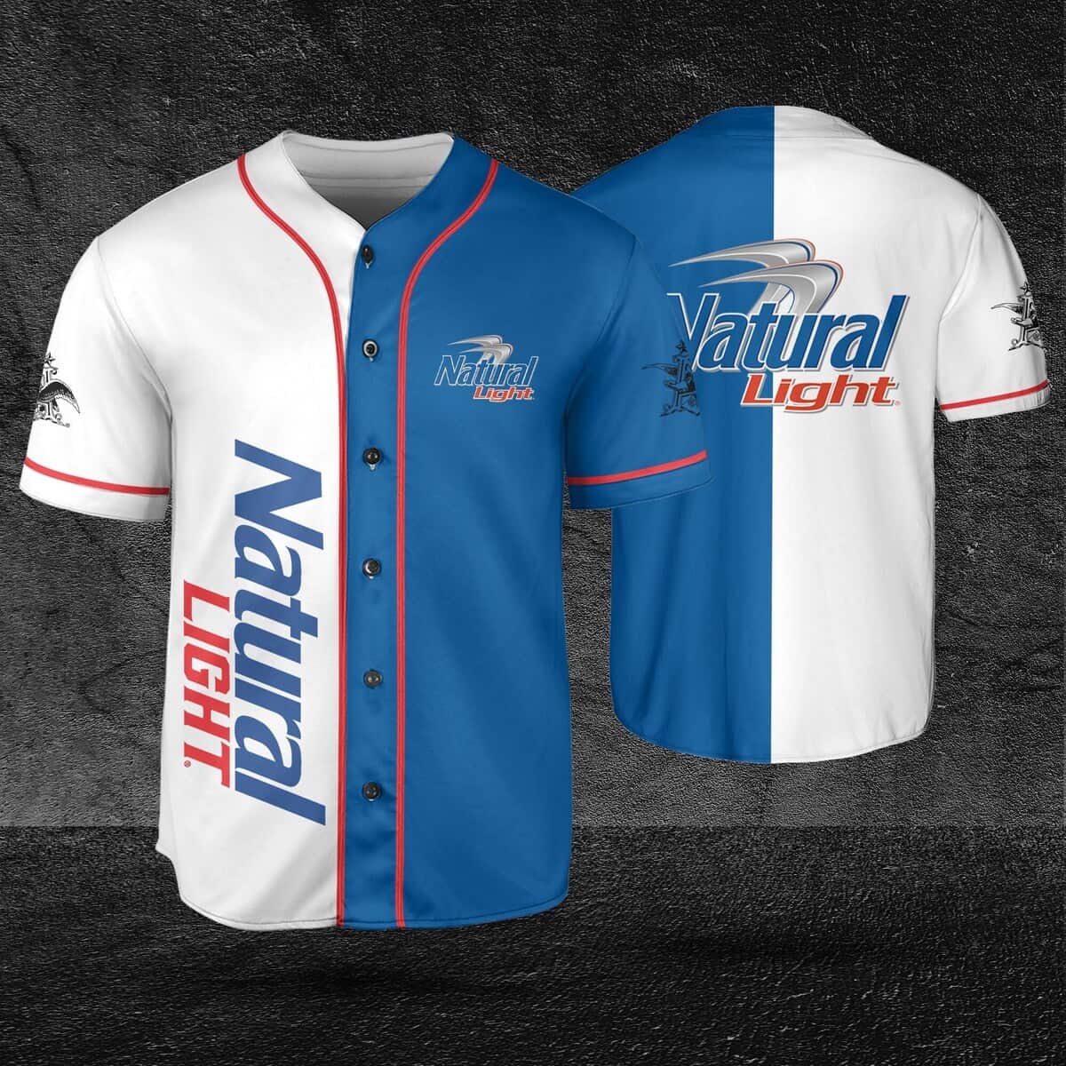 White And Blue Split Natural Light Baseball Jersey Gift For Beer Drinkers