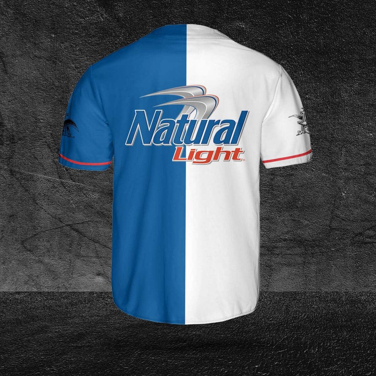 White And Blue Split Natural Light Baseball Jersey Gift For Beer Drinkers