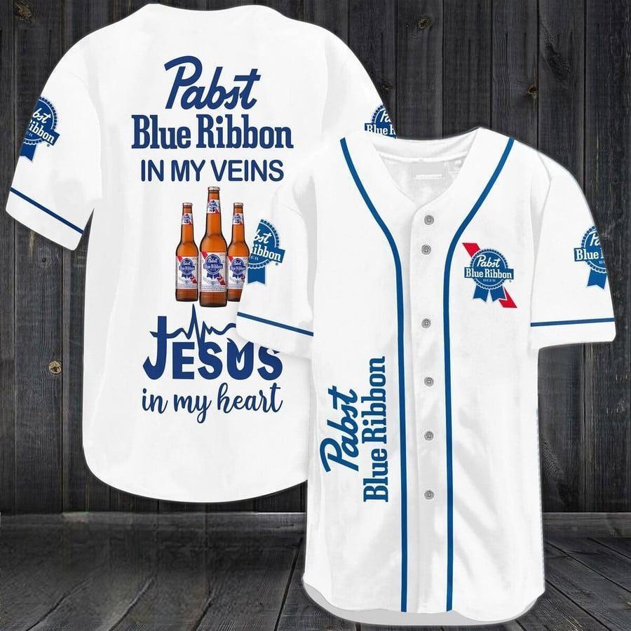 Pabst Blue Ribbon Baseball Jersey In My Veins Jesus In My Heart Gift For Beer Lovers