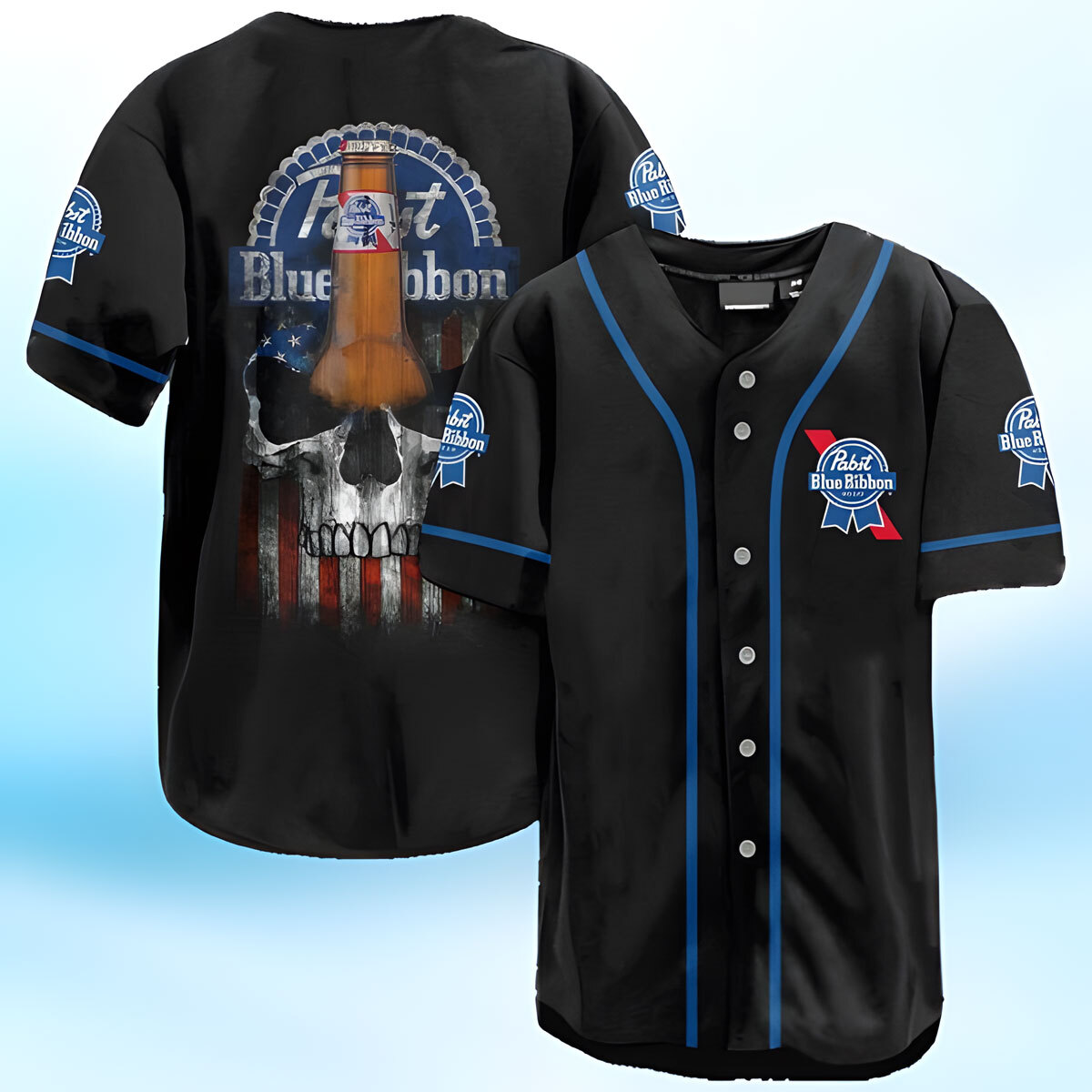 Pabst Blue Ribbon Baseball Jersey US Flag Black Skull Gift For Sport Lovers