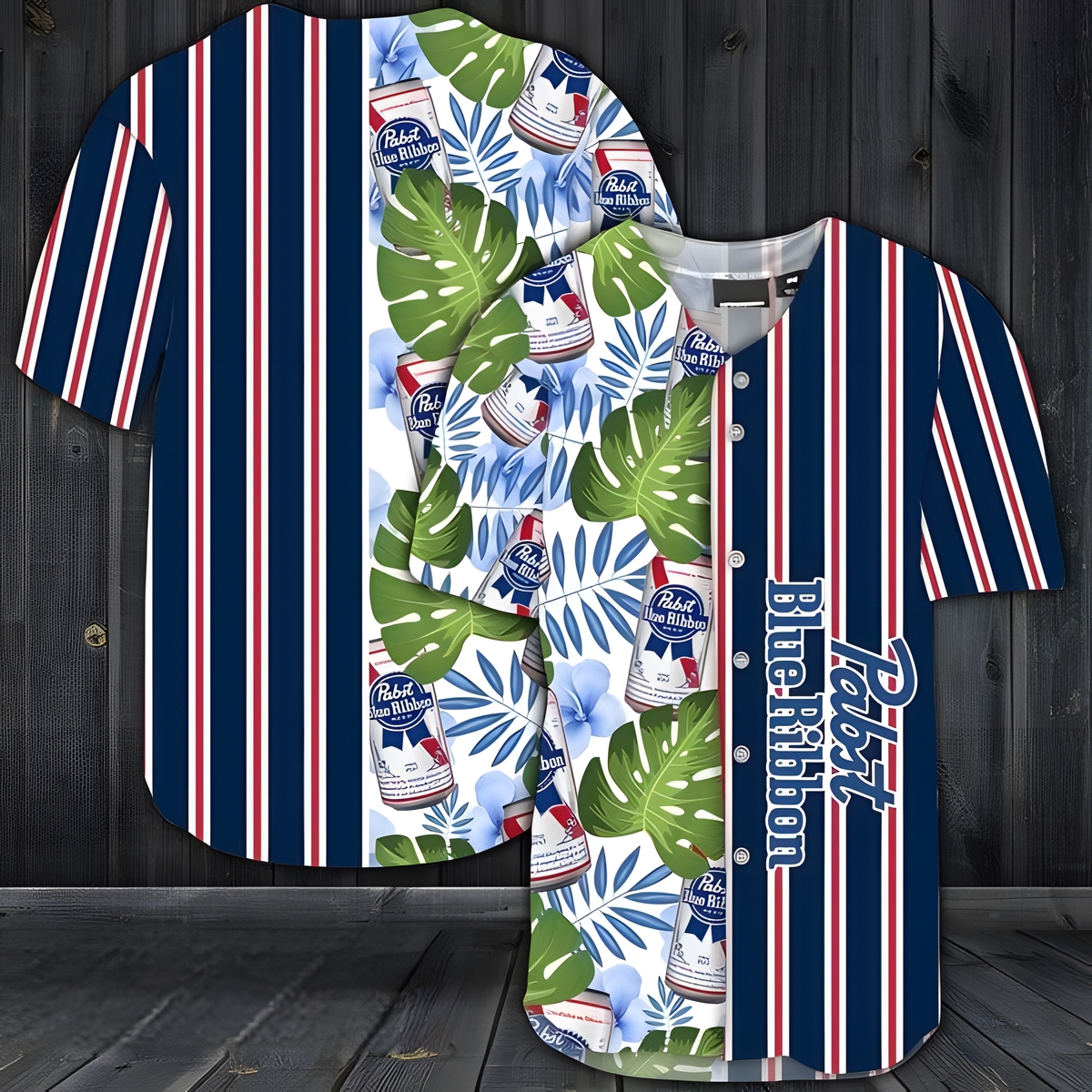 Pabst Blue Ribbon Baseball Jersey Striped And Palm Leaves Gift For Beer Lovers