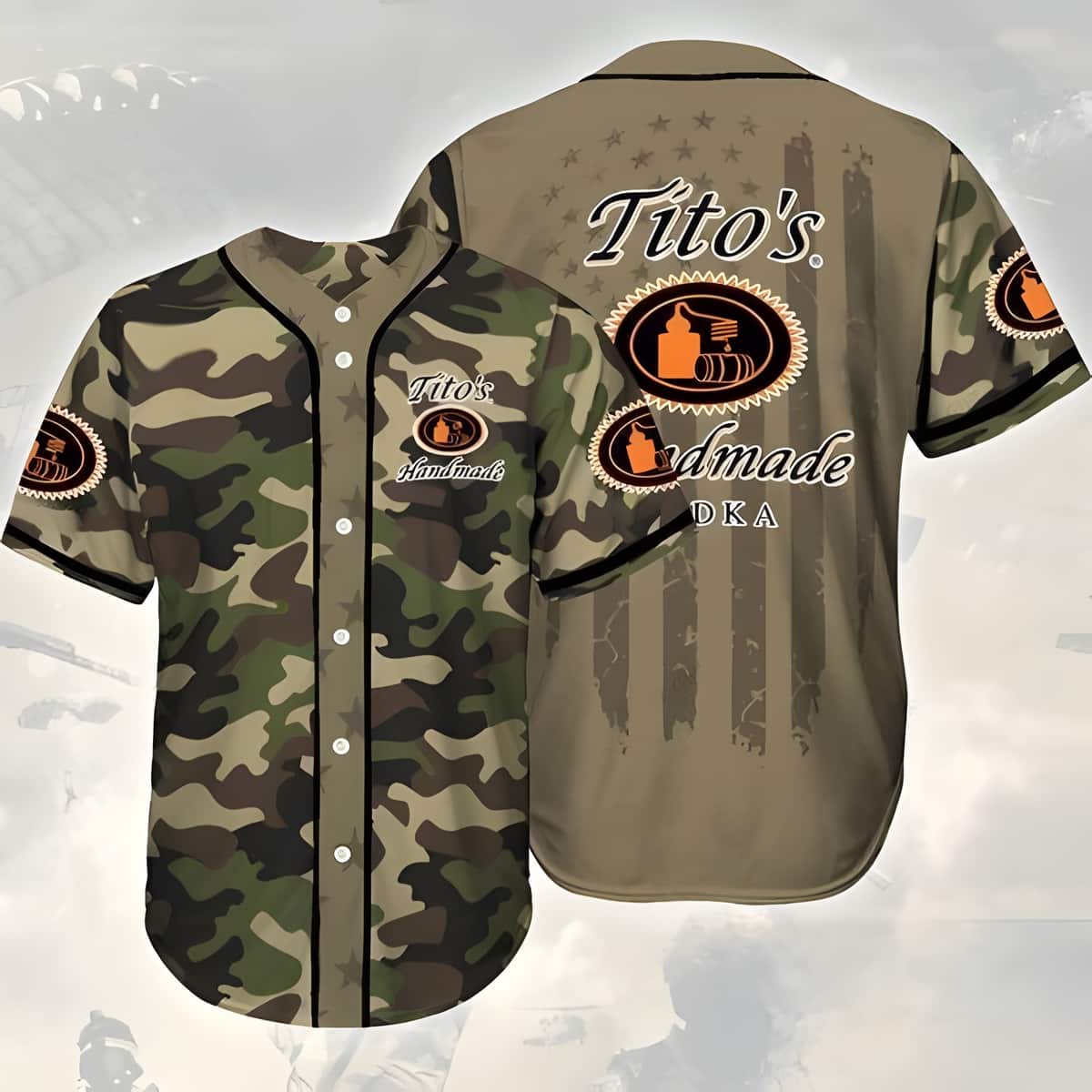 Camouflage Green Brown Tito's Baseball Jersey Gift For Baseball Fans