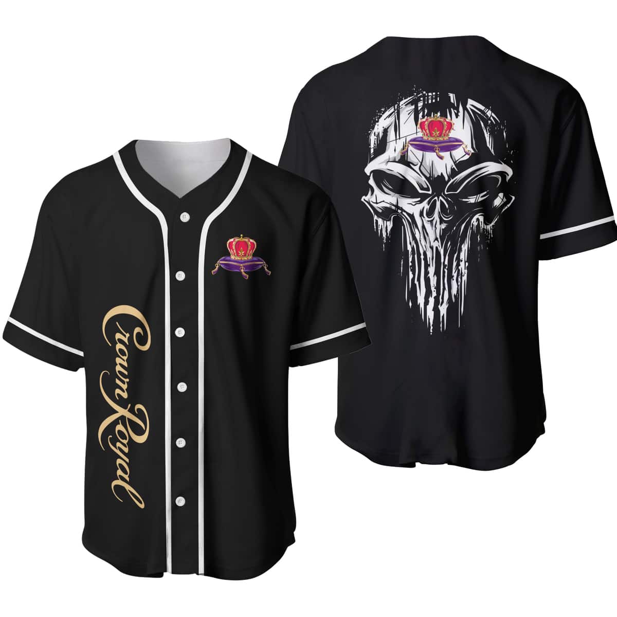 Black Crown Royal Baseball Jersey White Skull Gift For Sport Lovers