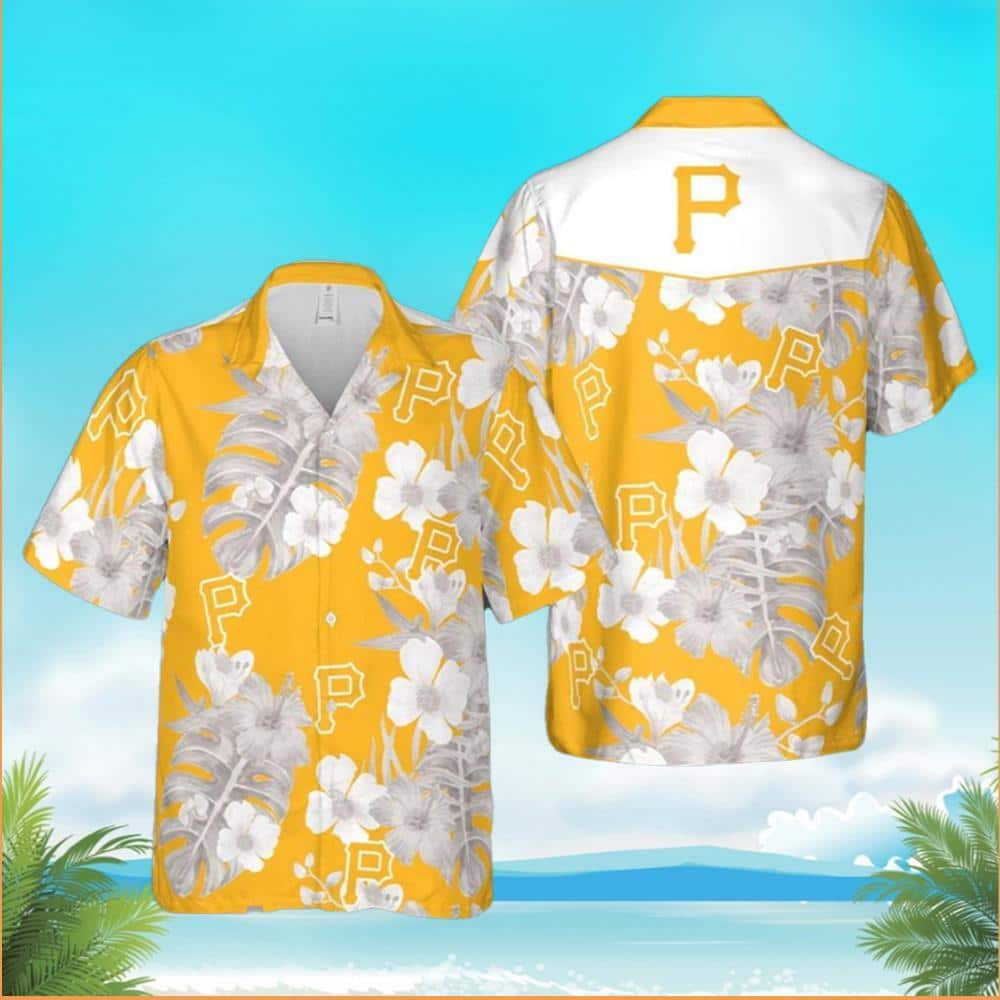 MLB Pittsburgh Pirates Hawaiian Shirt Hawaiian Tropical Hibiscus Flowers And Palm Leaves Pattern On Yellow Background Beach Gift