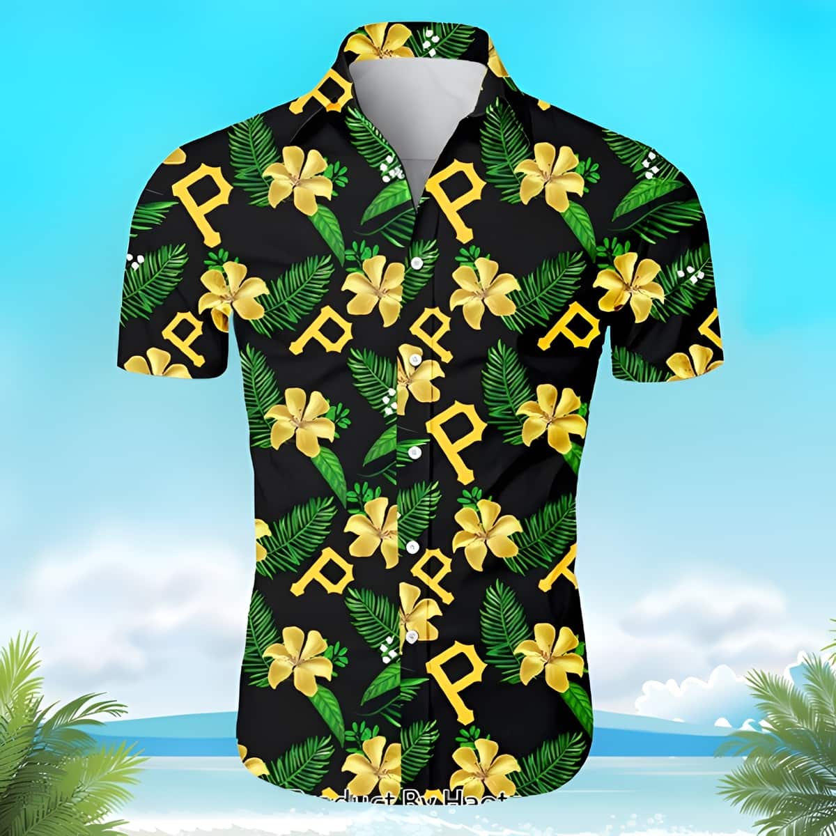 Black MLB Pittsburgh Pirates Hawaiian Shirt Yellow Hibiscus Flowers And Green Tropical Palm Leaves Aloha Beach Lovers Gift